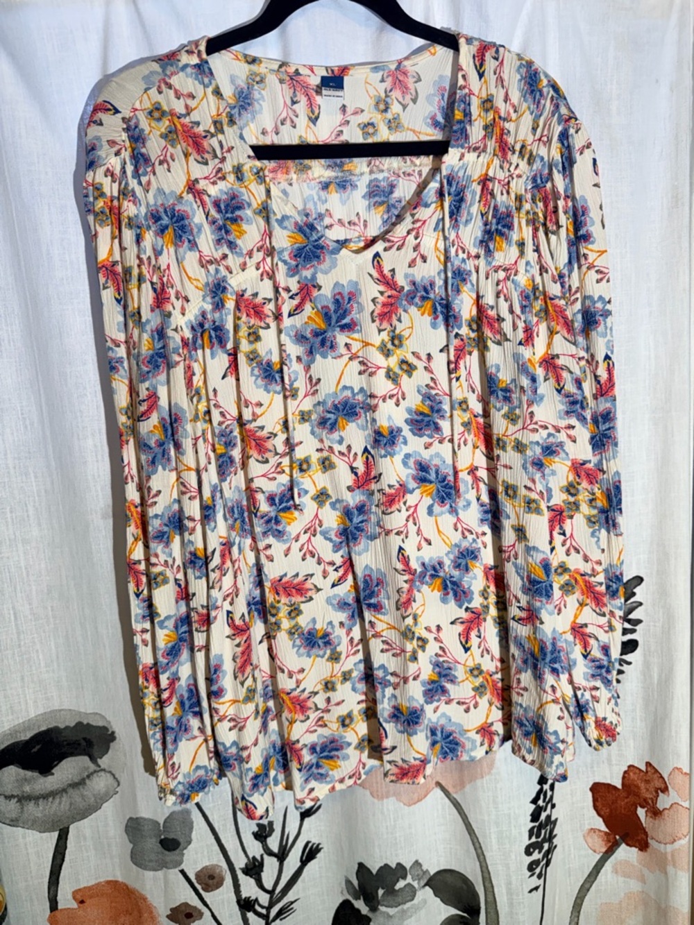 Old Navy Cream Floral Peasant Blouse with Blue & Pink Flowers - Picture 2 of 9